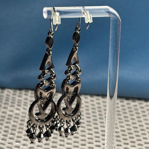 Vintage Monet Marcasite Inlay Chandelier Dangle Earrings in Gun Metal - Picture 3 of 7